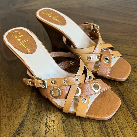 Cole Haan Air Whitney TAN Leather Slide Wedge Sandals Shoes Sz 7.5 B NEW - Picture 1 of 6